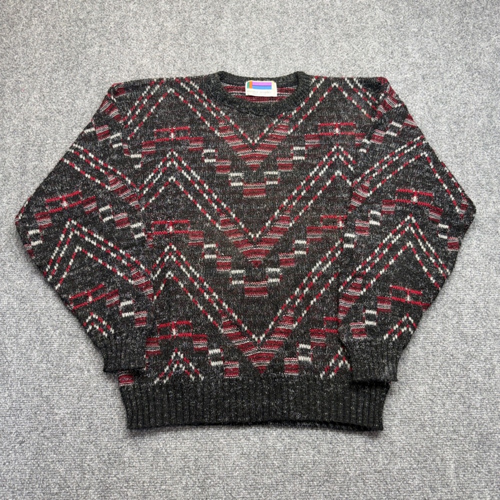 Vintage Sweater Graphix Mens XL Geometric Chevron Knit Sweater Red Grey USA Made